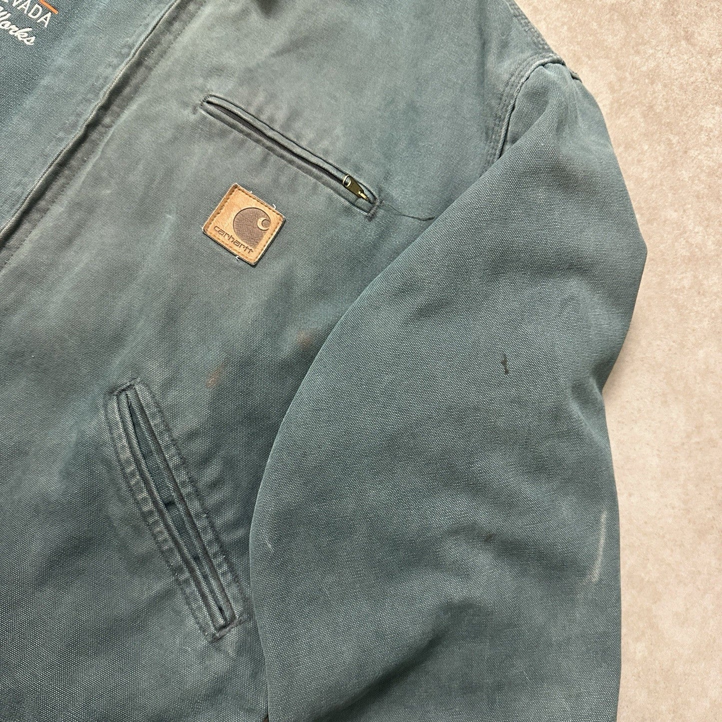 90s large Carhartt Detroit Jacket RARE J43 HTG Hunter Green Plaid Lined