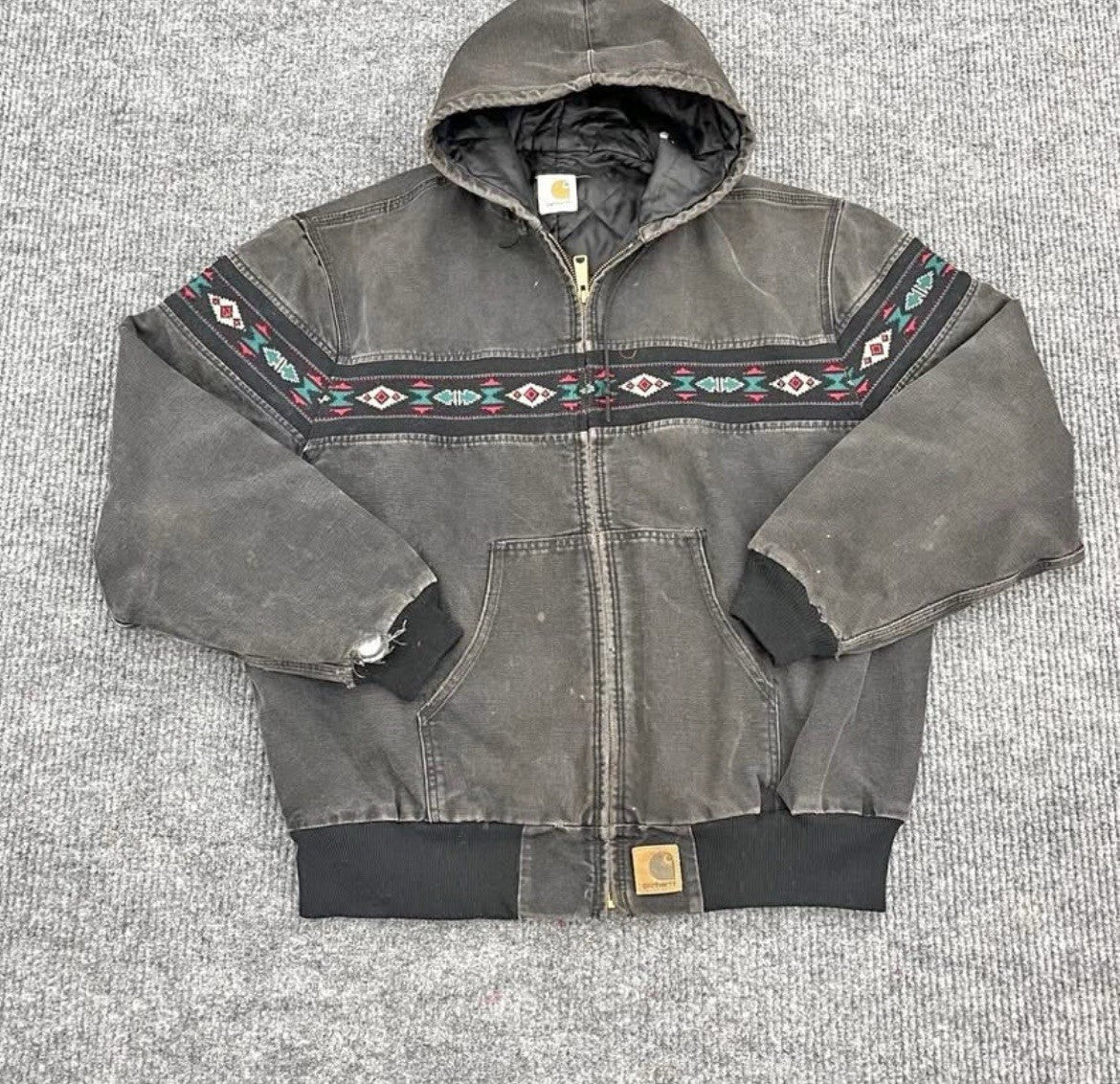 Vintage Carhartt Jacket Mens Large Gray Hooded Aztec Faded 90s Sz Large