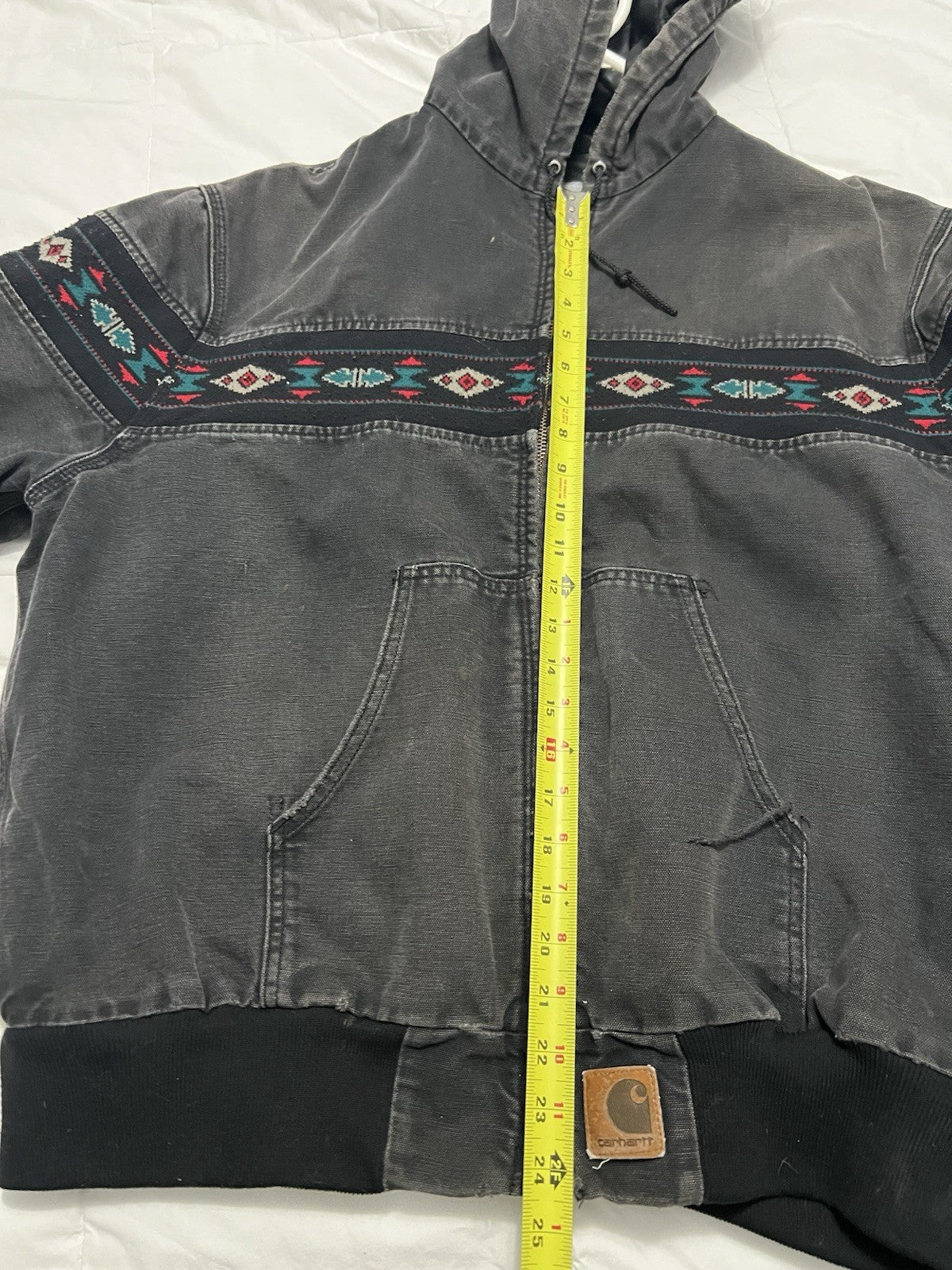 Vintage Carhartt Jacket Mens Large Gray Hooded Aztec Faded 90s  Sz Large
