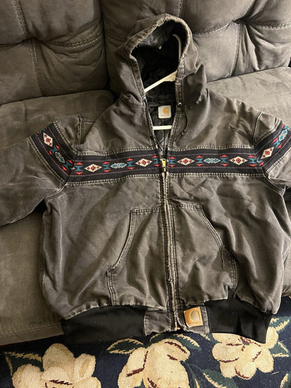 Vintage Carhartt Jacket Mens Large Gray Hooded Aztec Faded 90s  Sz Large