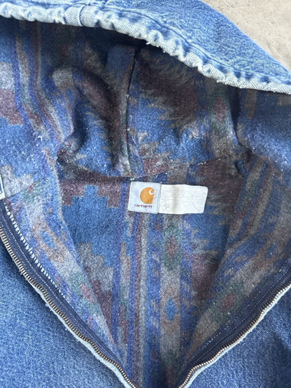 VTG Carhartt Jacket Mens Large Blue Denim Aztec Blanket Lined Hooded 90s JB848