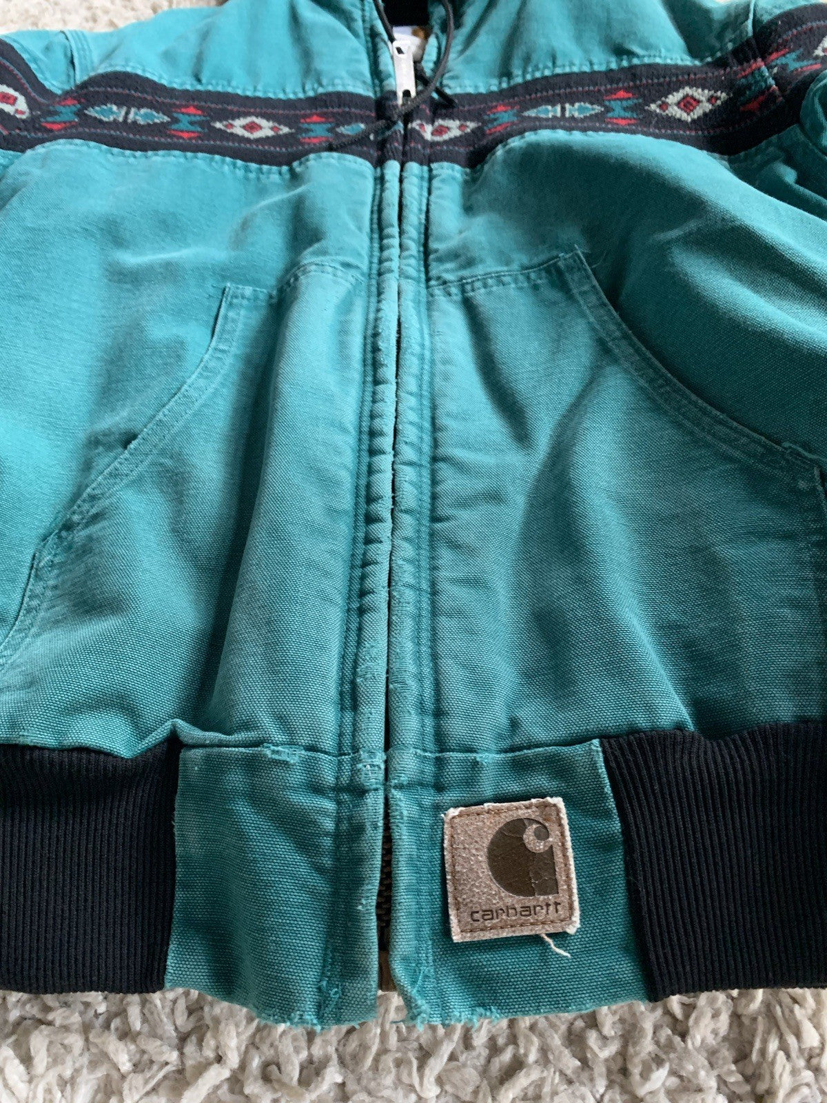 Vintage Carhartt Aztec Santa Fe Style Hooded Jacket Teal Aqua Medium J79 AQU