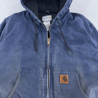 Carhartt Jacket Mens Large Blue Hooded Full Zip Workwear Faded Lined 376-20 duck