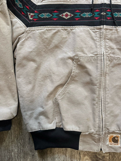 Vintage 90s Carhartt Aztec Full Zip Hooded Jacket Quilted Tribal Size X-Large