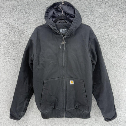 Vintage Carhartt Mens Black Canvas Quilted Coat Hooded Jacket J130-M Size Medium
