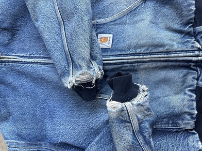 VTG Carhartt Jacket Mens Large Blue Denim Aztec Blanket Lined Hooded 90s JB848