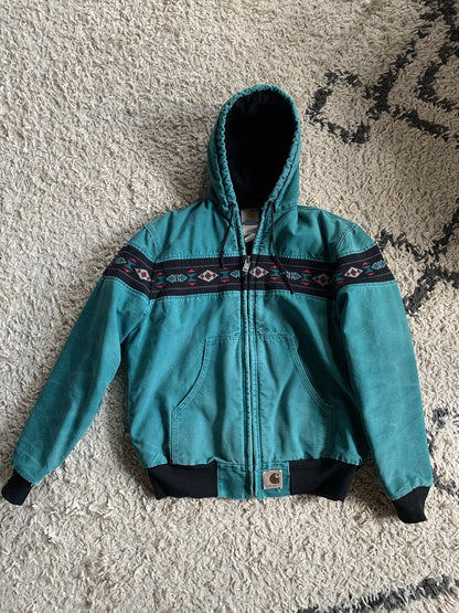 Vintage Carhartt Aztec Santa Fe Style Hooded Jacket Teal Aqua Medium J79 AQU