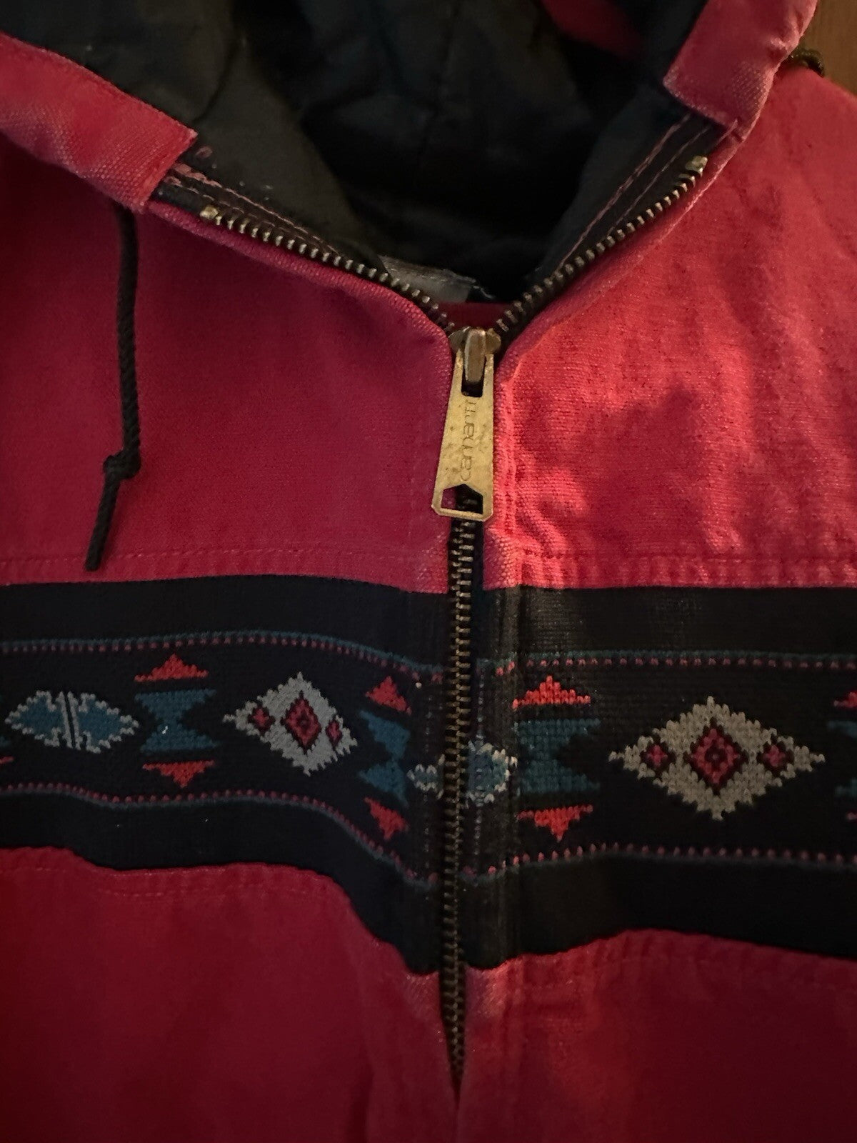 Vintage 90s Carhartt Western Aztec Canvas Hooded Coat Jacket J78RED Mens Sz 2XL