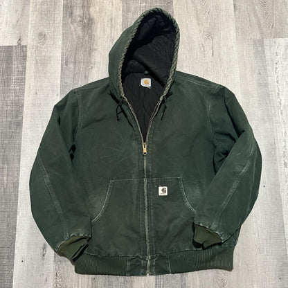 VTG Carhartt J68 Sun Faded Spruce Green Full Zip Hooded Fleece Lined Jacket XL
