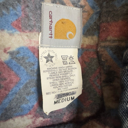 Vtg Carhartt Aztec Blanket Lined Denim Hooded Work Jacket Size Medium Workwear